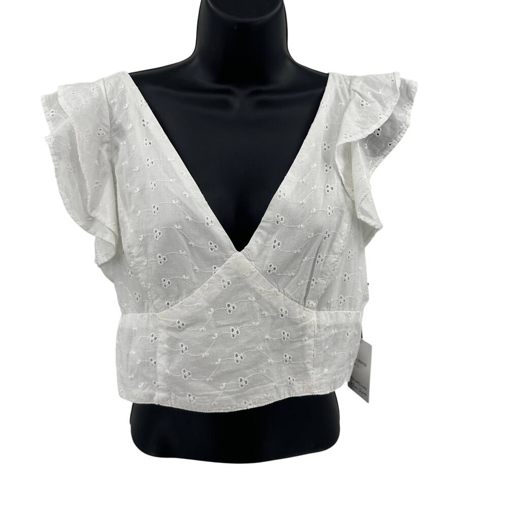 Japna Eyelet Crop Top Womens L White Deep V-Neck Flutter Sleeve Tie Back Cotton